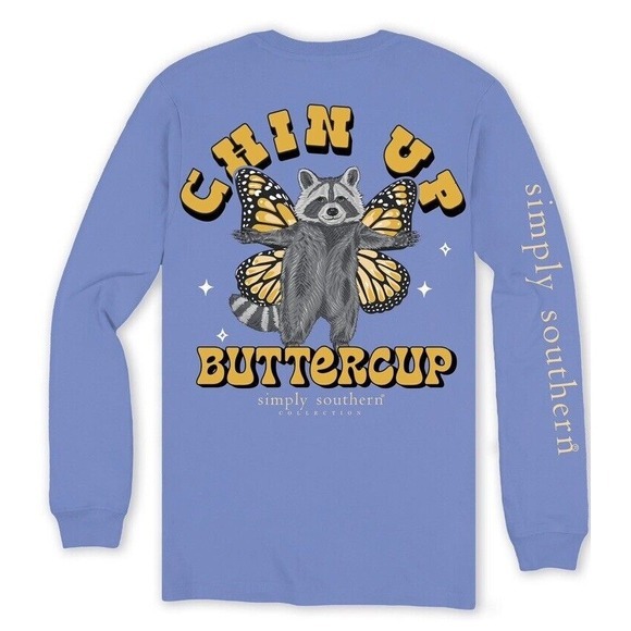 Simply Southern Chin Up Buttercup Raccoon Long Sleeve Tshirt Vista Blue XXL‎ NWT - Picture 1 of 6